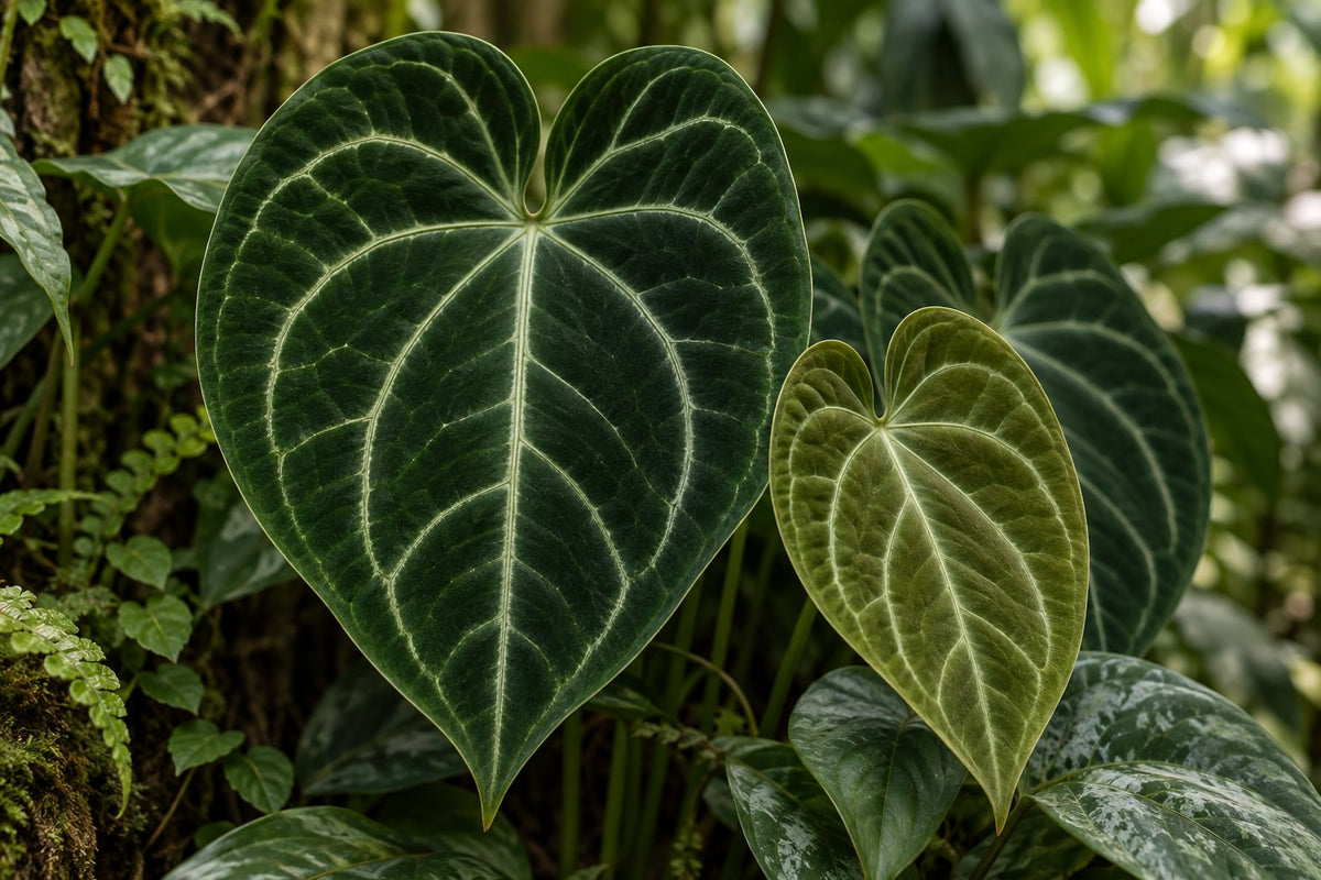 Feuilles veloutées d’Anthurium aux nervures claires