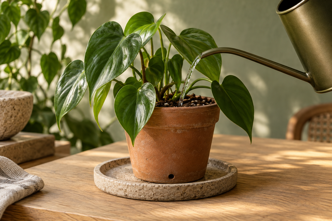 Illustration d’un arrosage au pied d’un philodendron dans un pot en terre cuite.