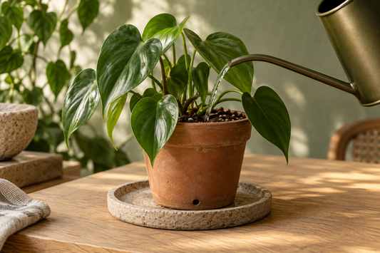 Illustration d’un arrosage au pied d’un philodendron dans un pot en terre cuite.