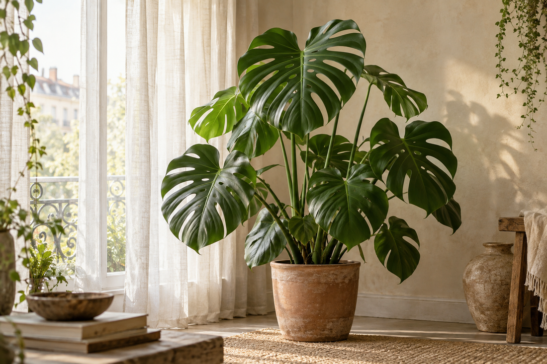 Illustration d’un Monstera près d’une fenêtre lumineuse avec un voilage clair.