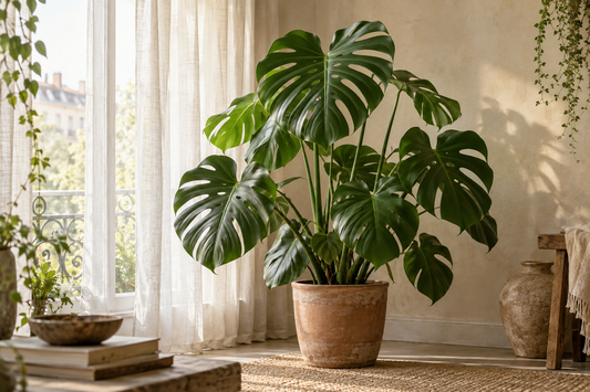 Illustration d’un Monstera près d’une fenêtre lumineuse avec un voilage clair.
