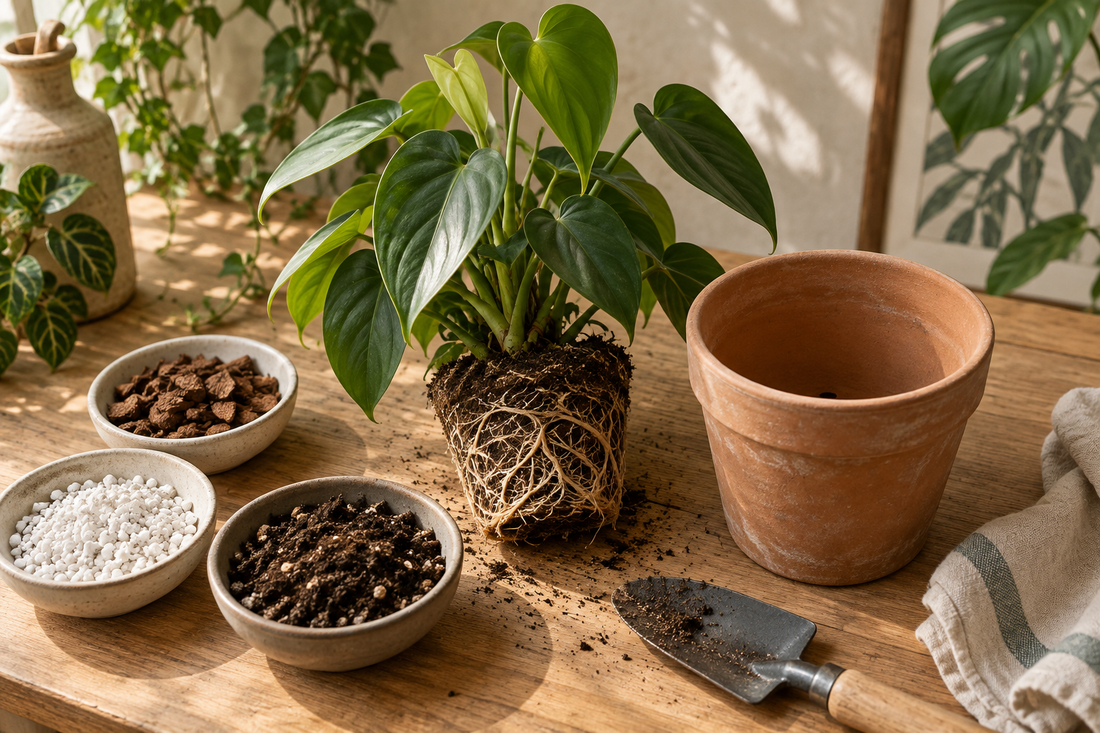 Illustration d’une motte de philodendron, d’un pot percé et de composants de substrat.