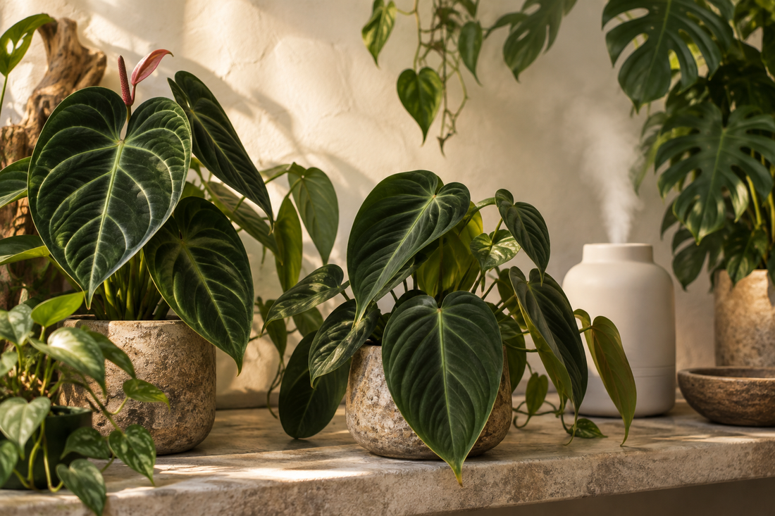 Illustration de plantes tropicales aux feuilles veloutées près d’un humidificateur.