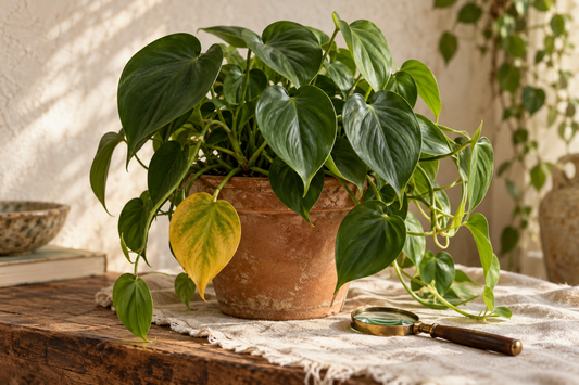 Illustration d’un philodendron au feuillage vert avec une feuille basse jaunissante.