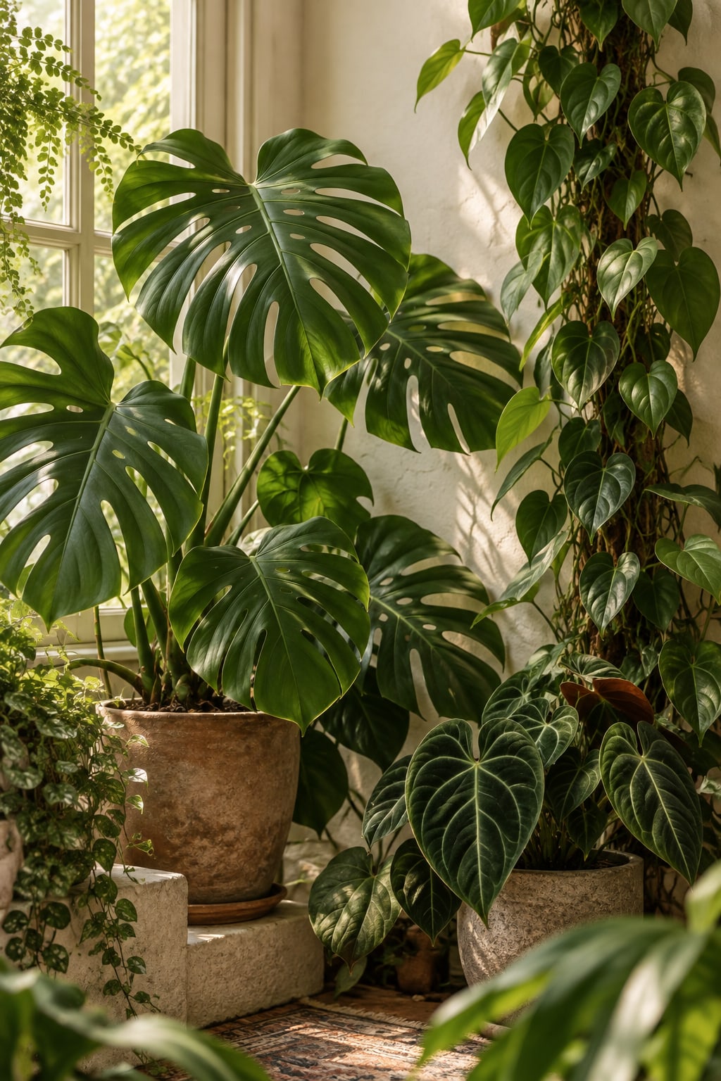Ambiance végétale : feuillages tropicaux près d’une fenêtre lumineuse